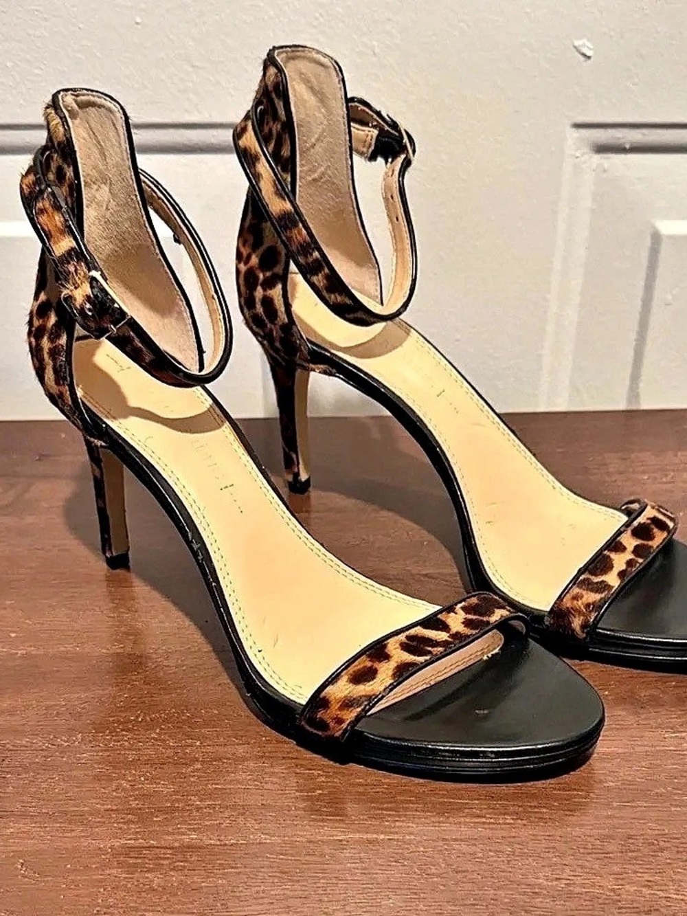 Stuart Weitzman Leopard Print Ankle Strap Heels in Black & Brown